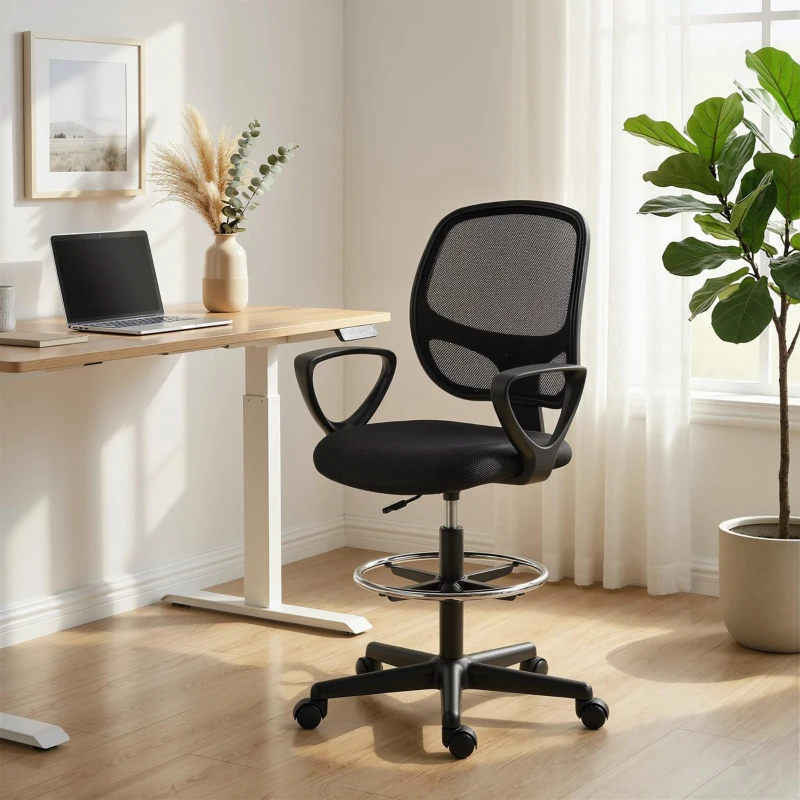 HOMCOM Chaise bureau ergonomique, fauteuil de bureau avec repose-pieds et accoudoirs, hauteur réglable, 59x58x103-123cm, noir