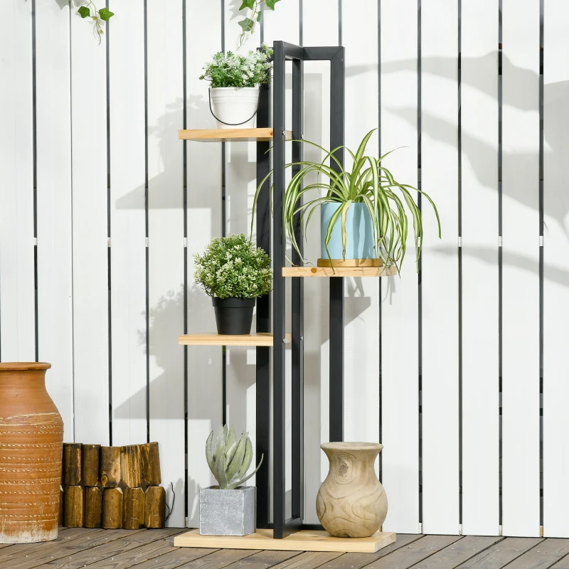 Outsunny 4-Laags Verstelbare Plantenstandaard, 110 cm Hoog Bloemenrek voor Binnen en Buiten van Hout Zwart+Natuurhout