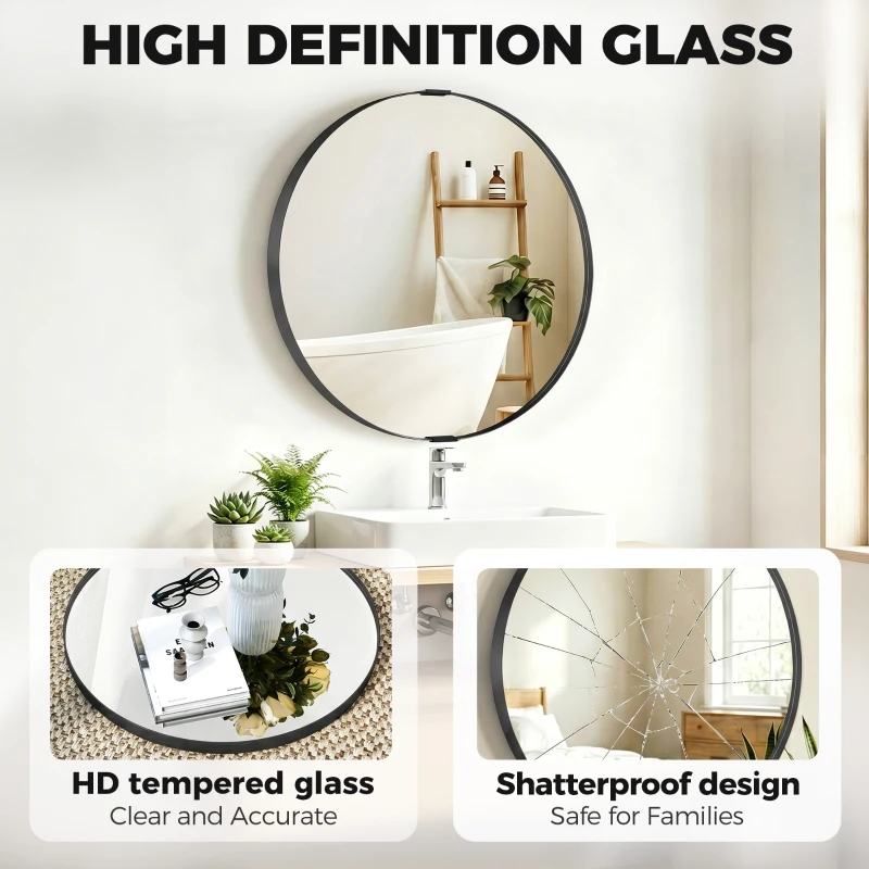 HOMCOM Round Wall Mirror 61 cm, Wall Mounted Bathroom Mirror with Tempered Safety Glass and Aluminium Alloy Frame, Black