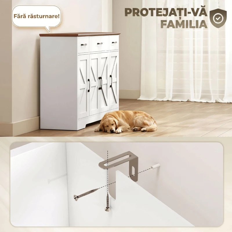 HOMCOM Bufet Bucătărie Rustic, Bufet cu Uși Soft-Close, 3 Sertare, 3 Rafturi Reglabile, Portaspecii, PAL, MDF, Alb