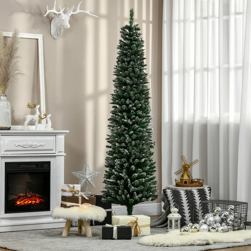 HOMCOM Albero di Natale Slim con 570 Rami, Albero di Natale Innevato Artificiale Alto e Stretto con Base Rimovibile e Pieghevole, Ø53x190cm, Verde