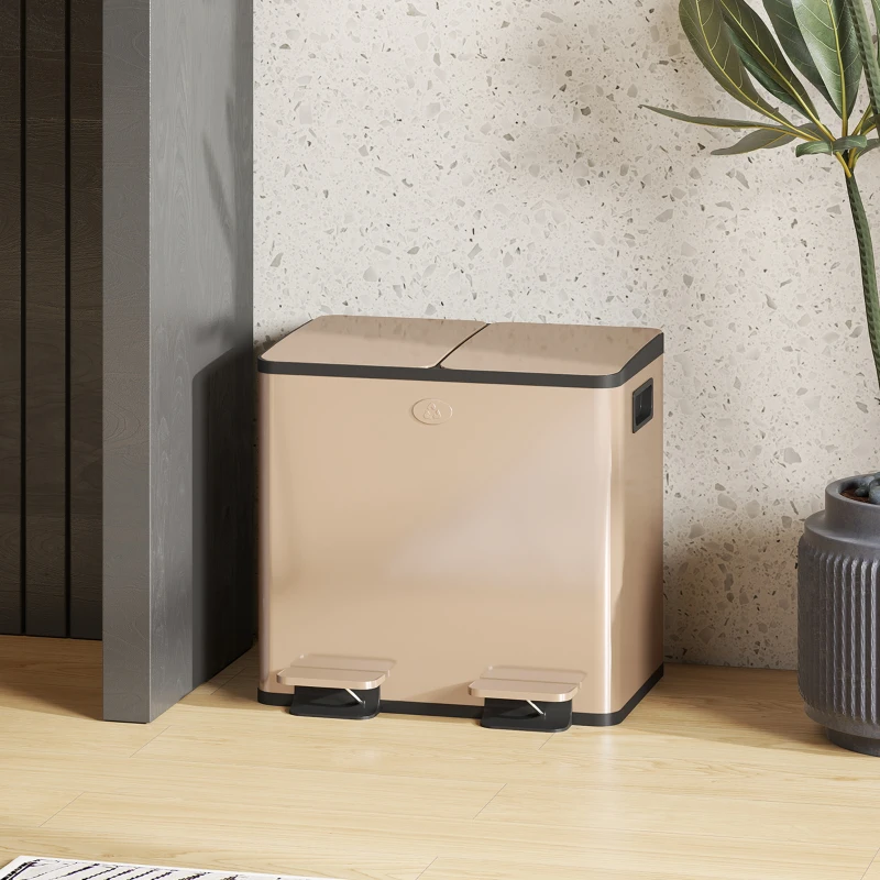HOMCOM 30L Dual Compartment Stainless Steel Bin, with Deodoriser Holders - Gold Tone