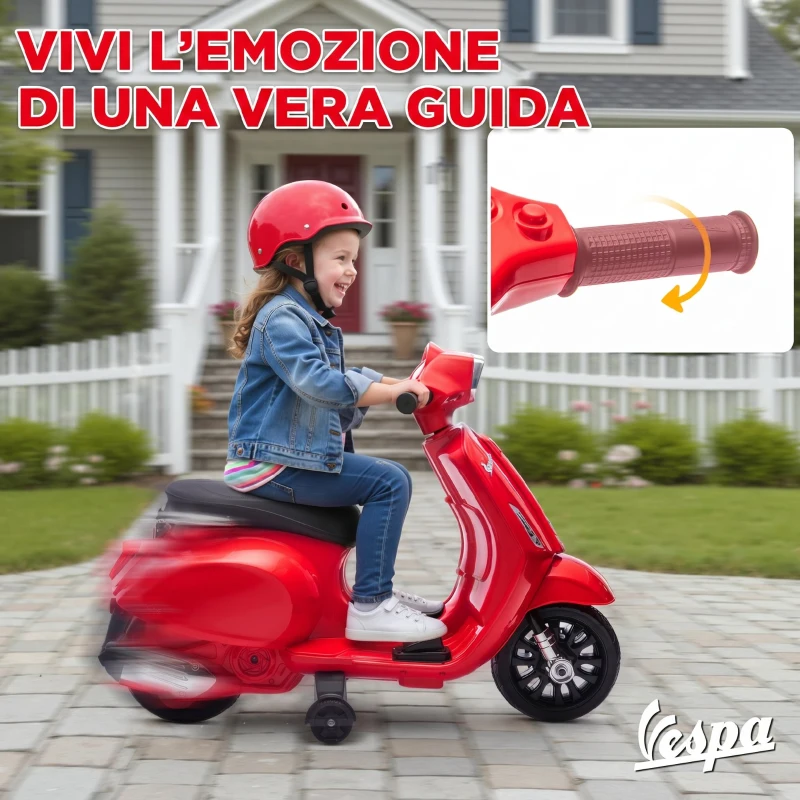AIYAPLAY Moto Elettrica per Bambini Licenza Vespa, Batteria Ricaricabile 6V, Rotelle e Luci, Età 2-4 Anni, Rosso