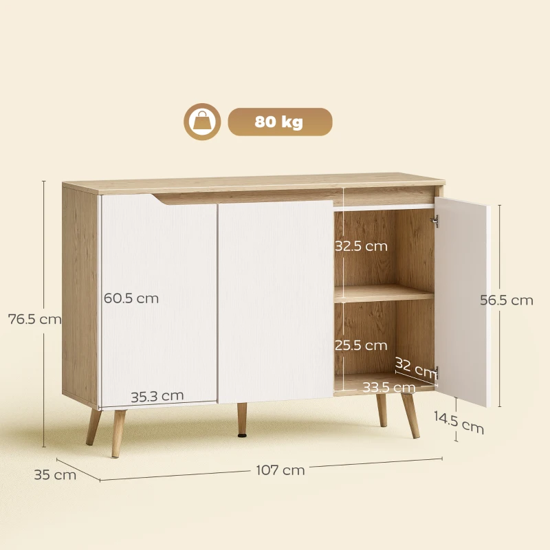 HOMCOM Sideboard Storage Cabinet, Kitchen Cupboard with 3 Doors, 2 Adjustable Shelves and 5 Rubberwood Legs, White and Oak