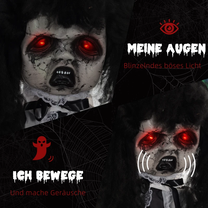 HOMCOM Horrorpop, Halloweenversiering, griezelige stem & muziek, rode ogen, beweeglijk, 160 cm