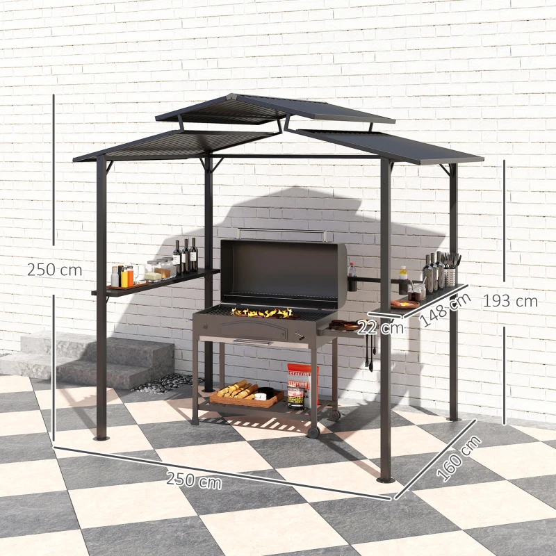 Outsunny Grillpaviljoen 250 x 160 x 250 cm Waterdicht Tuinpaviljoen met Dubbellaagdak en Zijplanken, Zwart