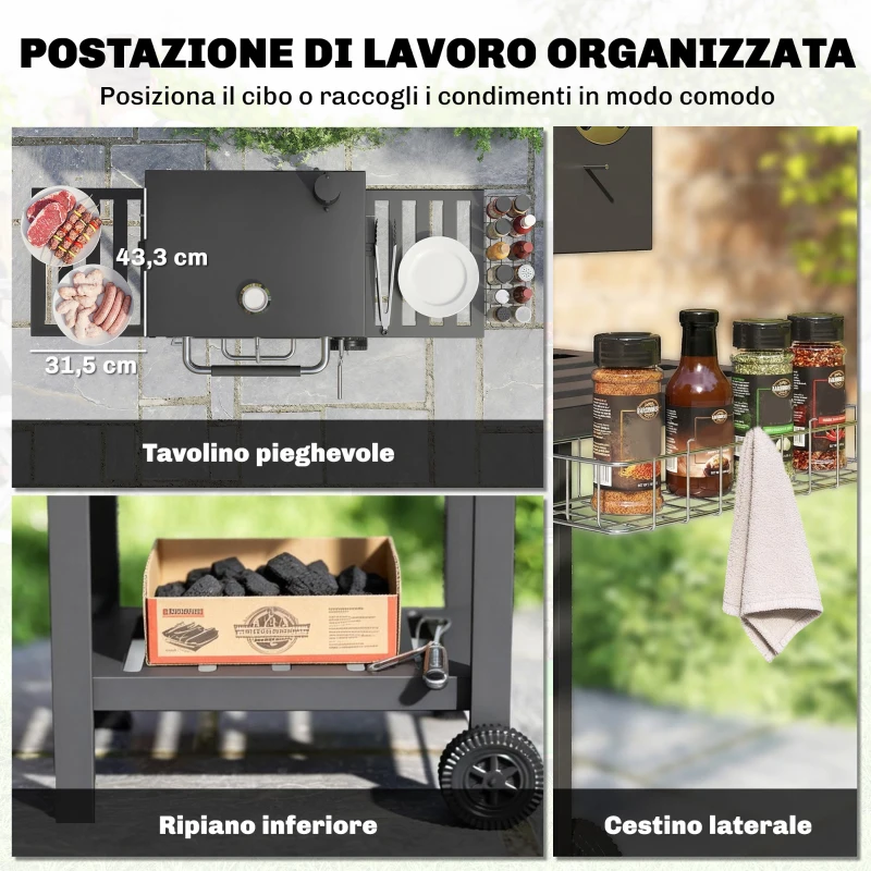 Outsunny Barbecue a Carbone a Rotelle con Griglia Regolabile e Ripiani Pieghevoli, in Acciaio e PP, 133.5x65x110 cm, Nero