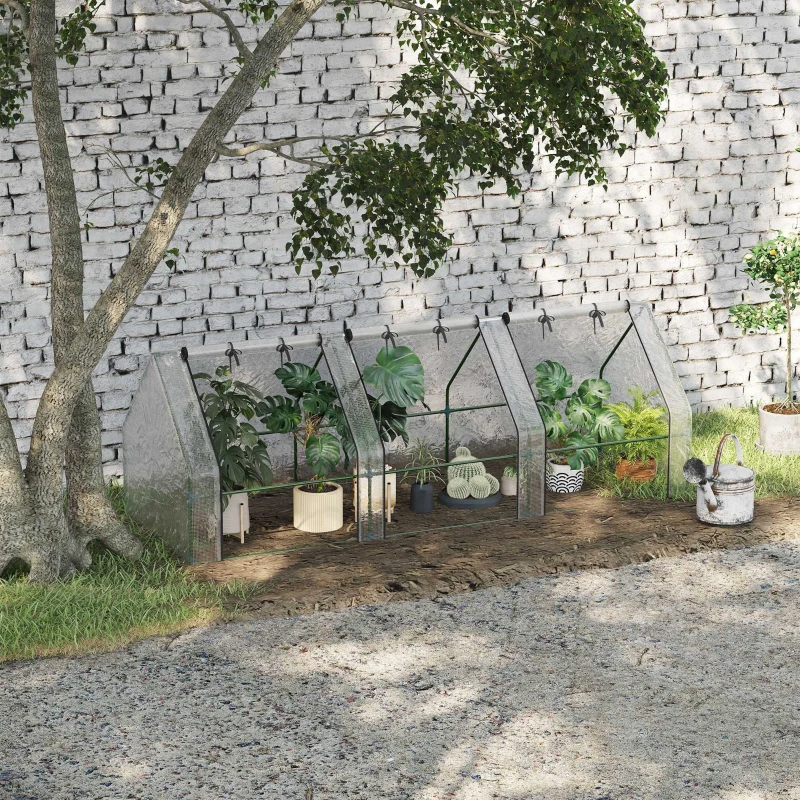 Outsunny Mini Serre de Jardin Mini Serre Tunnel 270L x 90l x 90H cm Toit Pointu Acier PE Haute Densité 140 g/m² Anti-UV Fenêtres avec Zip Enroulables Blanc