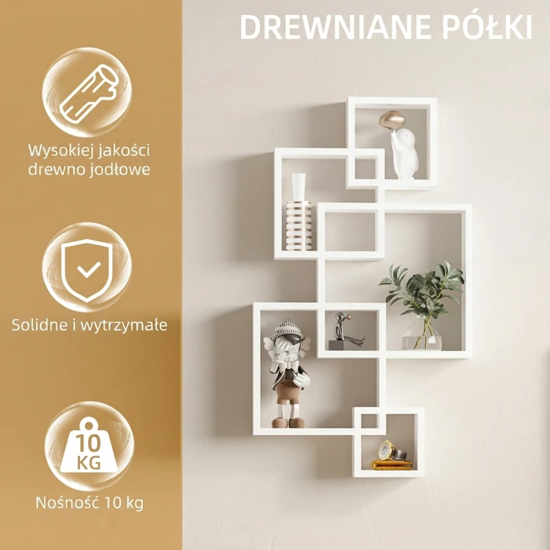 HOMCOM Regał ścienny wiszący z 5 sześcianami, 9 przegródek, dekoracja ścienna do salonu sypialni, drewno świerkowe, biały, 49,5 x 10,2 x 86 cm