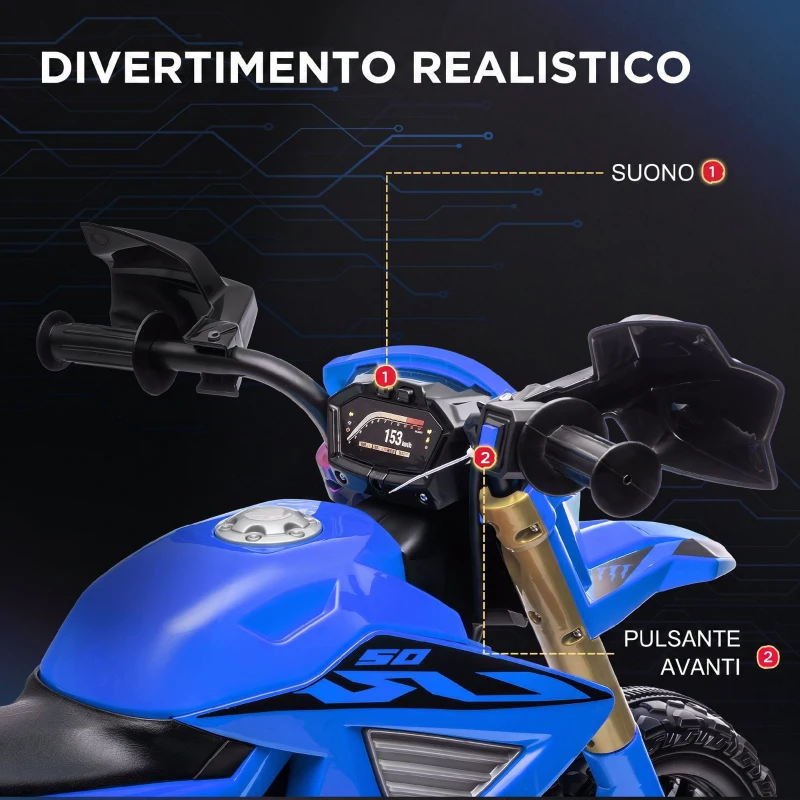 AIYAPLAY Moto Elettrica per Bambini 3-8 Anni con 12V Doppi Motori, Rotelle e Clacson, 3 km/h, Capacità 30kg, Blu
