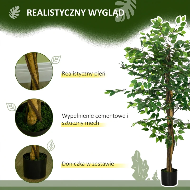 HOMCOM Sztuczna Roślina, 150 cm Sztuczny Drzewo Ficus z Doniczką, Sztuczny Mech, Drzewo Ficus na Wnętrze, Roślina Pokojowa do Salonu, Zielony