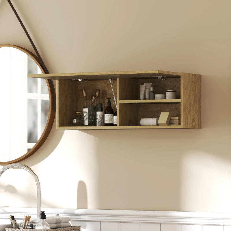 HOMCOM Mobiletto Bagno Pensile con Anta a Ribalta e Ripiani, 80x25x30 cm, Legno Naturale