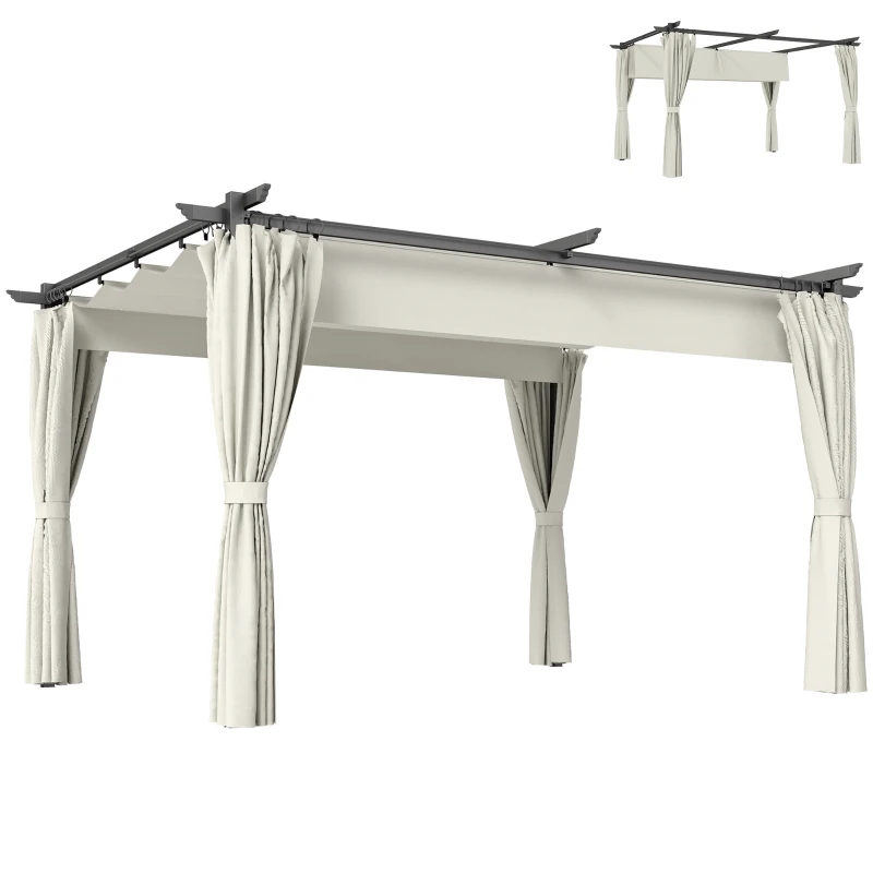 Outsunny Pergola de jardin exterieur 3 x 4 m, toit rétractable et rideaux, anti-UV UPF30+, pour barbecue, patio, terrasse, crème