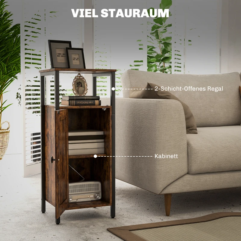 HOMCOM Bijzettafel met opbergruimte, 2 open rekken, 3-staps verstelbaar, magnetische deur, Bruin(m-4)