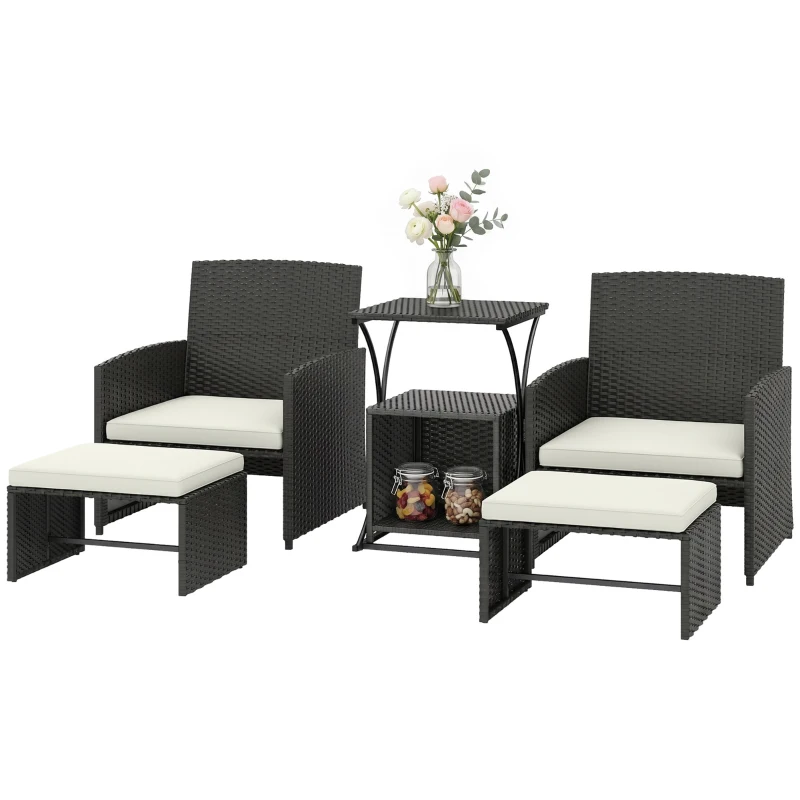 Outsunny 6 Piece Rattan Garden Furniture, Space-Saving Patio Furniture Set with Nesting Tables, Chairs, Stools, Cushions, Black