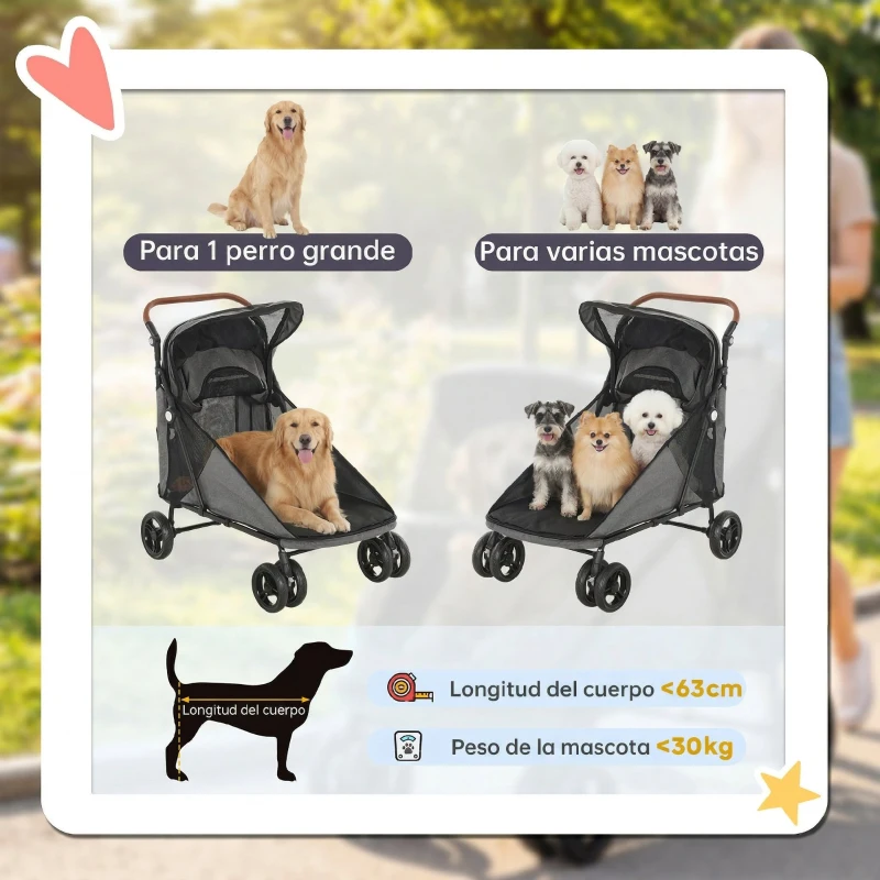 PawHut Carrito para Perros Plegable con un Botón hasta 30 kg con Suspensión en 4 Ruedas Giratorio y Freno de Pie Gris