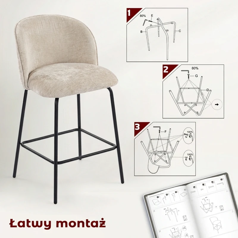 HOMCOM Zestaw 2 stołków barowych, stołek z podnóżkiem, oparciem, w wykończeniu szynilowym, wysokość siedziska 68 cm, krzesła kuchenne ze stalowym stelażem, fotele do salonu, jadalni, beżowe