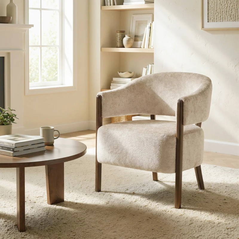 HOMCOM Poltrona da Camera Rivestita in Ciniglia con Struttura e Gambe in Legno Massello, Beige