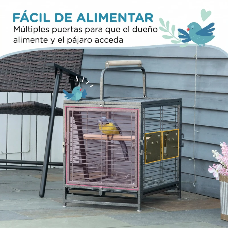 PawHut Jaula para Pájaros Portátil con 2 Perchas de Madera 2 Comederos y Bandeja Extraíble 48x38x47,8 cm Negro