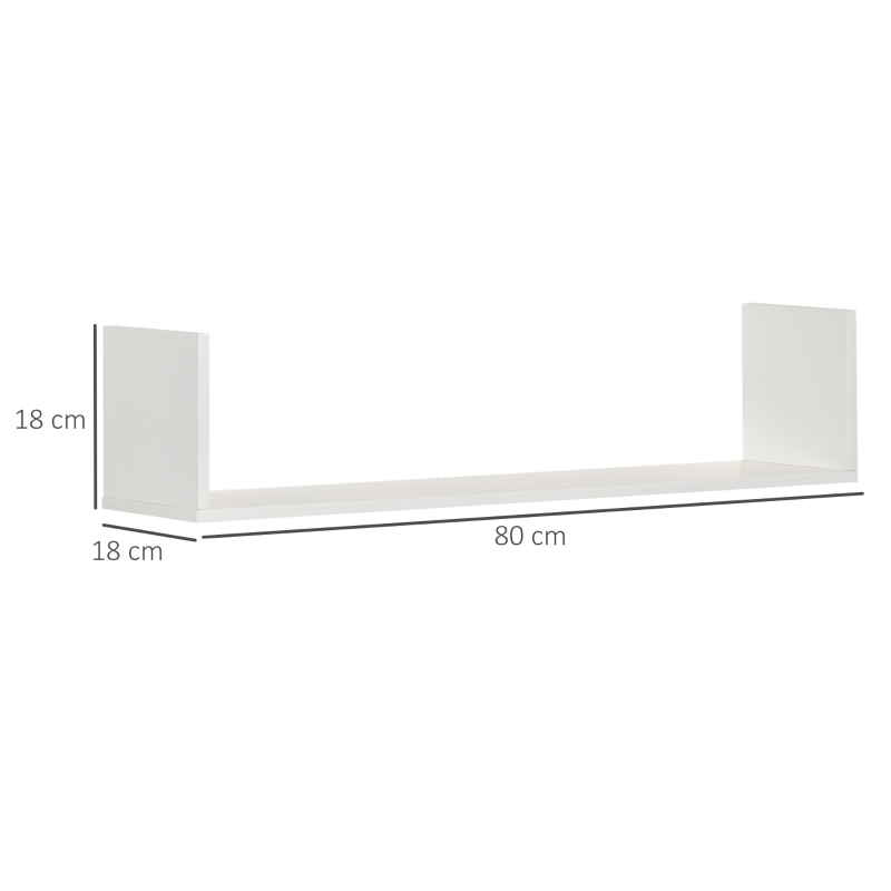 HOMCOM Set of 3 Wooden U-Shaped Floating Shelves Set, 80cm Wall Mounted Hanging Bookshelf, CD DVD Storage Display for Bedroom Living Room Kitchen, White