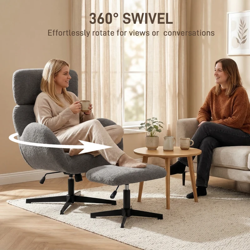 HOMCOM Swivel Armchair and Footstool Set, Height Adjustable Accent Chair with Adjustable Headrest, Rocking Function, Grey