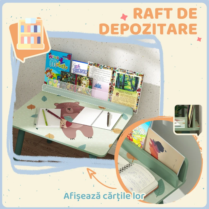 AIYAPLAY Set masă și scaun pentru copii cu raft de depozitare, din MDF și lemn de pin, verde