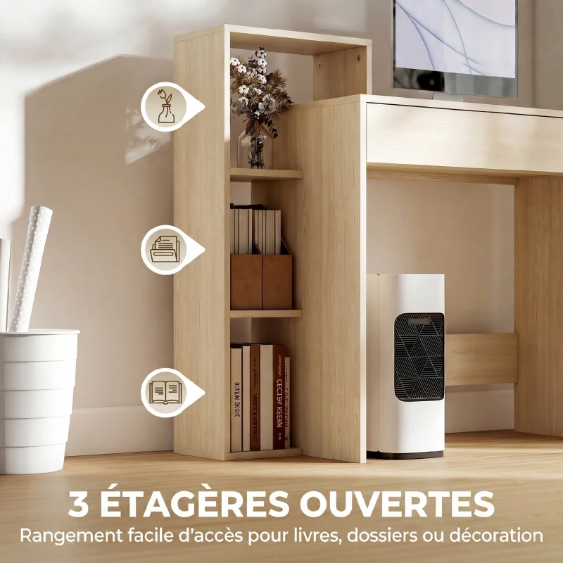 HOMCOM Bureau avec rangement, bureau d'ordinateur avec 3 étagères de rangement et tiroir, 100 x 40 x 90 cm, bois naturel
