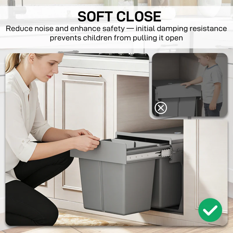 HOMCOM Pull Out Bin, Under Sink Bin - 2 Removable Compartments (15L Each) for 400mm Cabinets, Light Grey