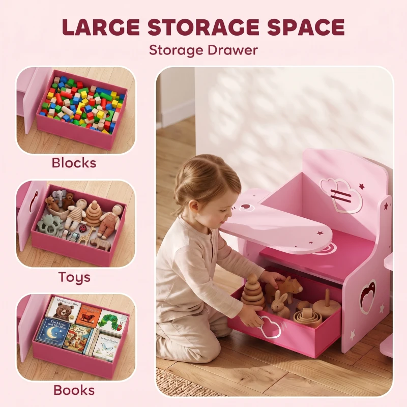 AIYAPLAY Kids Table and Chair Set, Children Desk and Chair with Storage Bins for Playing, Reading, Painting, for Ages 3-5, Pink