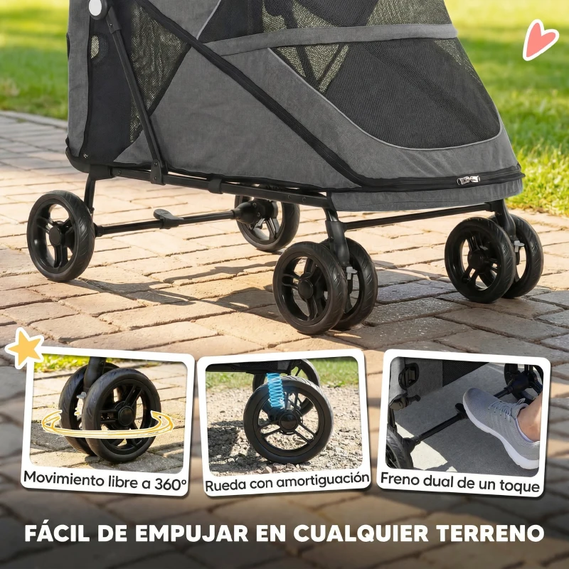 PawHut Carrito para Perros Plegable con un Botón hasta 30 kg con Suspensión en 4 Ruedas Giratorio y Freno de Pie Gris
