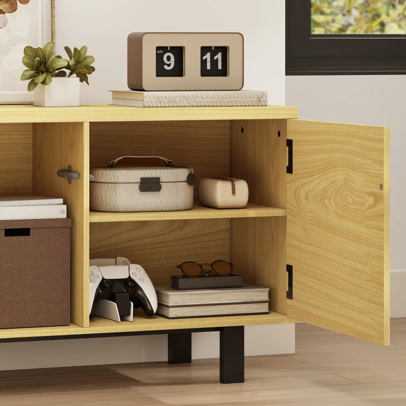 HOMCOM Meuble TV 180 cm, meuble télé pour 82 pouces avec 4 portes à ouverture par pression 180x35x55,5cm bois naturel