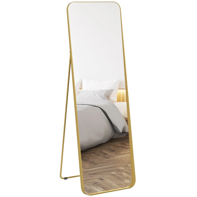 HOMCOM Volledige Lengte Spiegel, Vrijstaand, Kantelbaar, Metalen Frame, MDF, 160 x 50 cm, Goudkleur