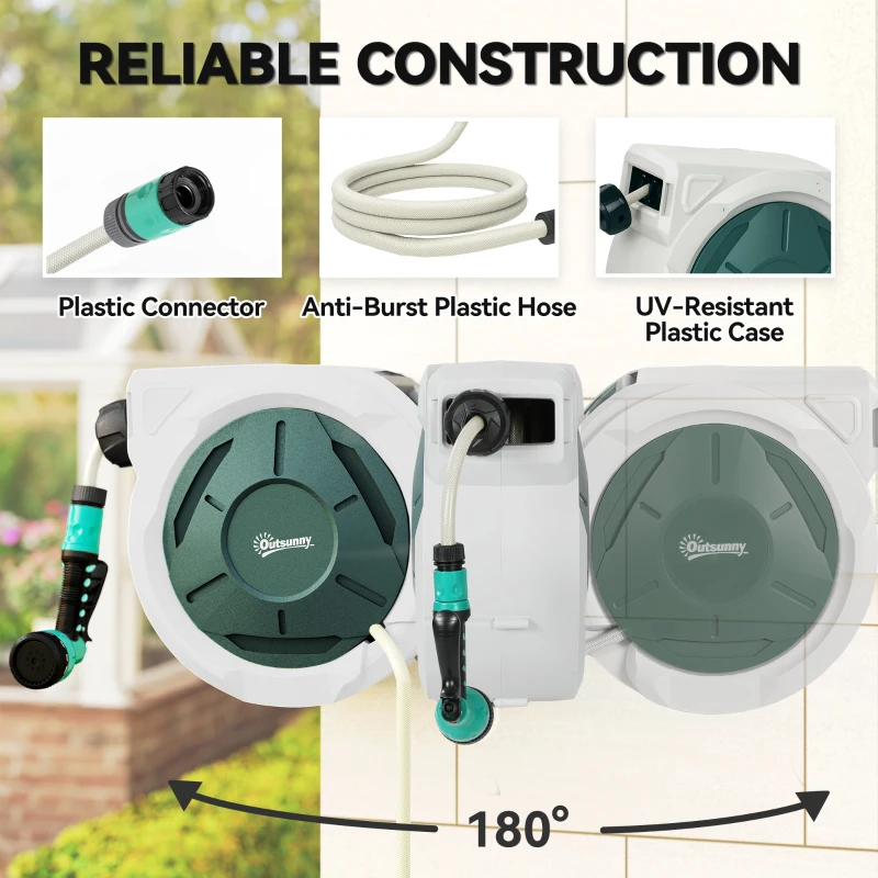 Outsunny Retractable Hose Reel Wall Mounted, 30+2m Garden Hose Pipe Reel with Lock, Auto Rewind, 7 in 1 Spray Nozzle, Includes Wall Fixings, 180° Swivel, Outdoor Watering, 59 x 23 x 42 cm, Grey