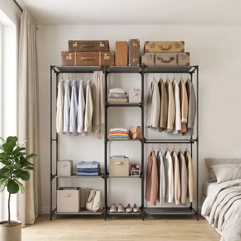 HOMCOM Dulap Textil Compact cu 3 Bare pentru Umerașe, 5 Rafturi și Structură din Oțel, 182 x 43 x 182 Cm, Negru