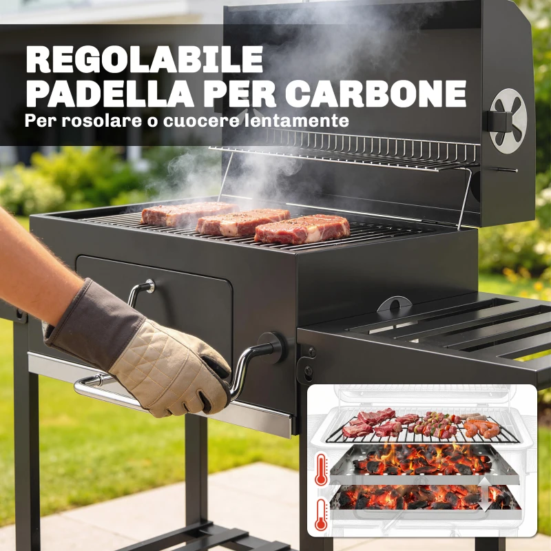 Outsunny Barbecue a Carbone a Rotelle con Griglia Regolabile e Ripiani Pieghevoli, in Acciaio e PP, 133.5x65x110 cm, Nero