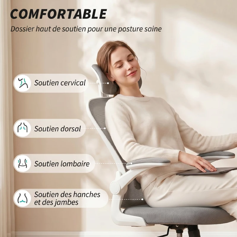 HOMCOM Chaise de Bureau Ergonomique, Fauteuil de Bureau en Maille avec Appui-Tête et Soutien Lombaire Réglables, Gris