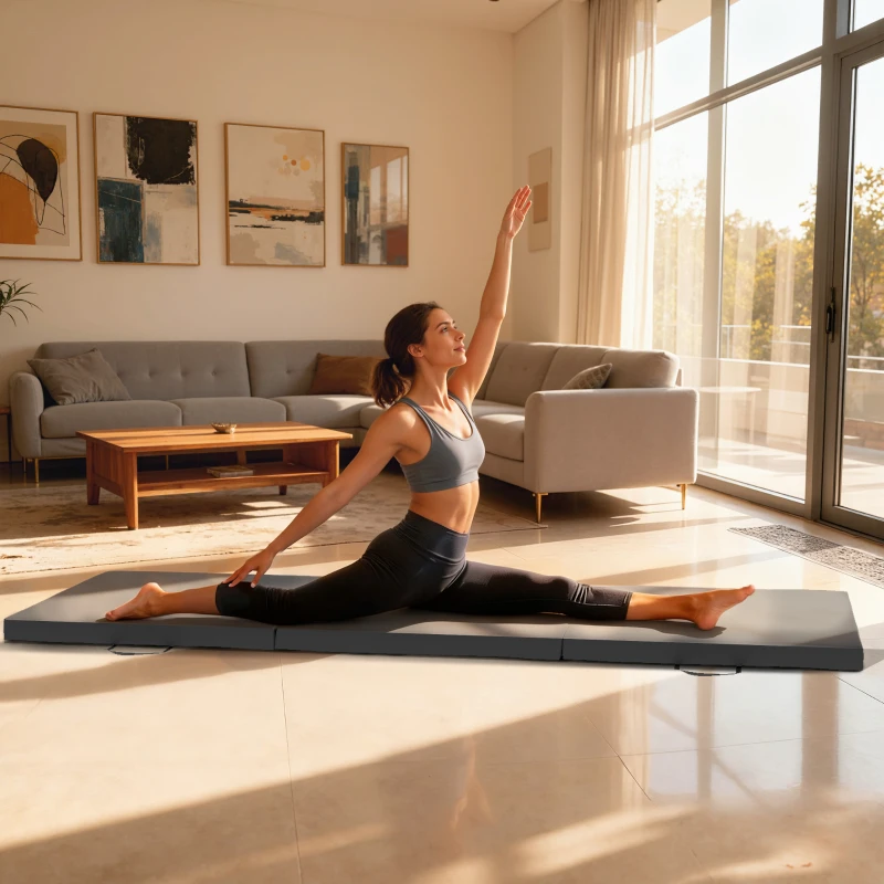 HOMCOM Tapis de gymnastique yoga pilates fitness pliable en 3 panneaux avec poignées revêtement synthétique 180 x 60 x 5cm gris