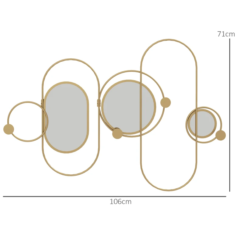 HOMCOM Espejo Decorativo de Pared con 4 Ganchos y 3 Espejos Decorativos para Colgar Abrigos Bolsos para Pasillo 106x71cm Dorado