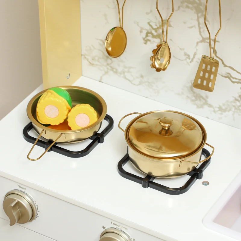 AIYAPLAY Cocina de Juguete de Madera con Sonido con Accesorios de Acero Inoxidable Verduras para Cortar Dorado