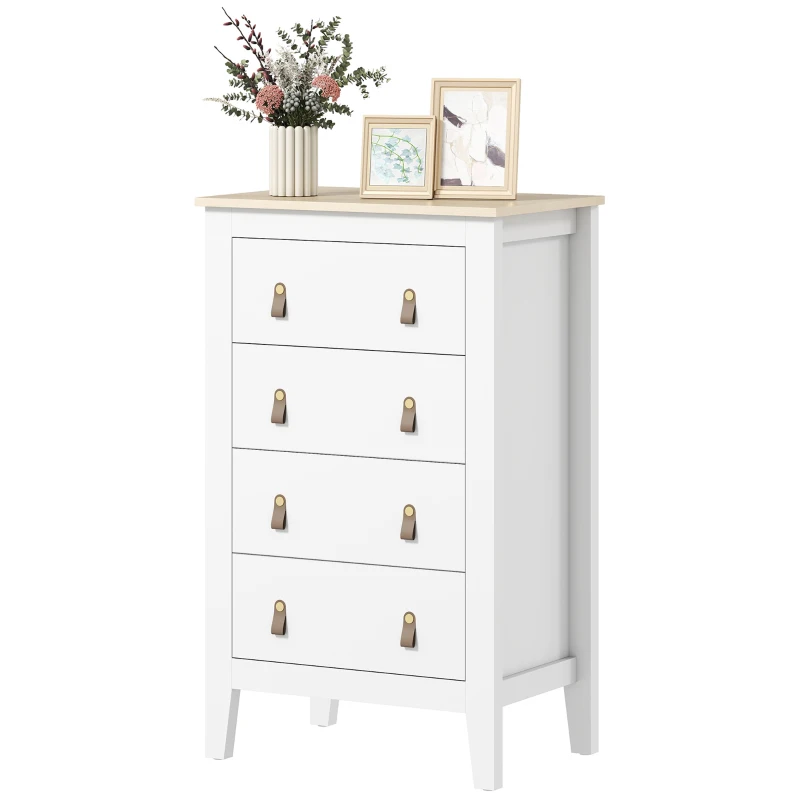 HOMCOM Bedroom Chest of Drawers, Modern 4 Drawer Dresser Cabinet with PU Leather Handles and Metal Runners for Living Room, Hallway, Entryway, 60 x 40 x 98 cm, White