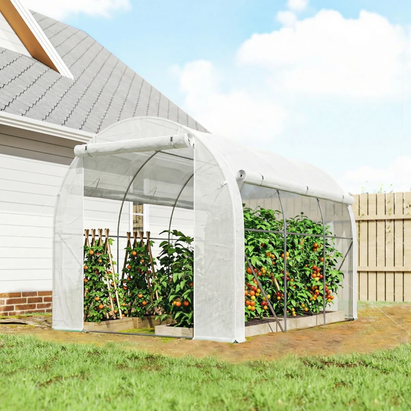 Outsunny Serre de jardin 6 m² dim. 3 x 2 m avec 1 porte + 2 parois latérales zippées enroulables, 6 fenêtres, Blanc