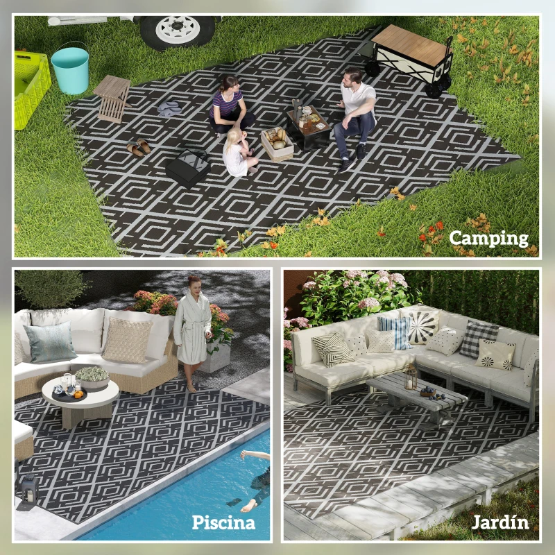 Outsunny Alfombra de Exterior Reversible 182x274 cm con Patrón Geométrico de Rombos Impermeable Bolsa de Transporte Negro