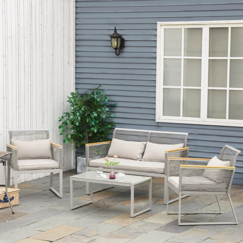 Outsunny Conjunto de Muebles de Jardín de Ratán 4 Piezas Sofá Doble 2 Sillones Individuales y Mesa de Café de Vidrio con Cojines Desenfundables para Exterior Terraza Gris