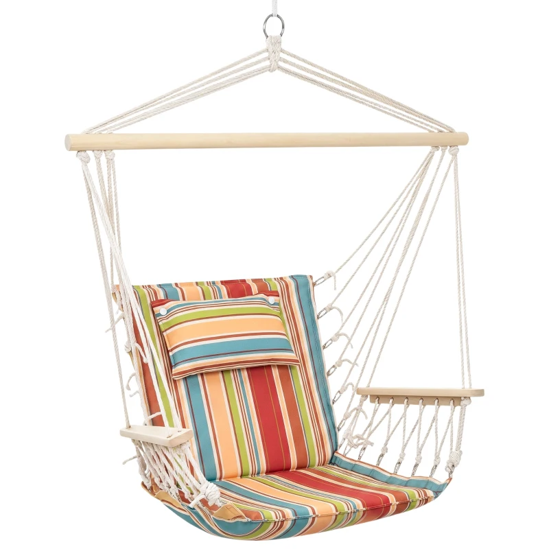 Outsunny Hängesessel Hängeschaukel mit Querstrebe und Kissen Deckenhaken Gestell Hängestuhl bis 100kg belastbar Hängesitz für Indoor Outdoor Garten Terrasse Mehrfarbig