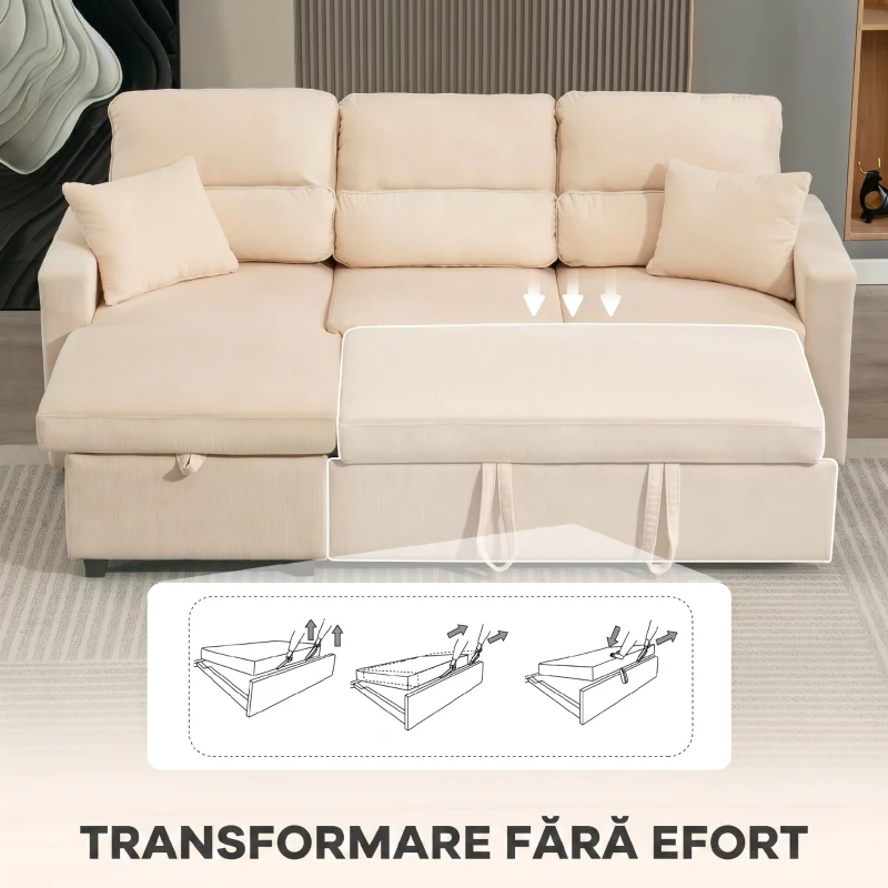 HOMCOM Canapea de Colț Convertibilă în Pat cu Spațiu de Depozitare, Acoperire în Catifea cu Coarde și Două Perni, 205x135x76 cm, Bej