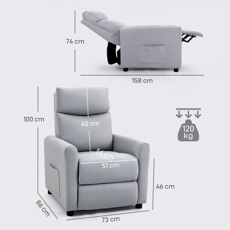 HOMCOM Fotoliu Reclinabil 135° Material cu Efect de In, Spumă, Oțel și Lemn, 73x86x100 cm, Gri Deschis