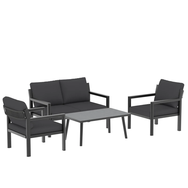 Outsunny 4 Seater Rattan Garden Furniture Set with 2 Armchairs, Loveseat, Coffee Table, Garden Sofa Set with Cushions, Dark Grey