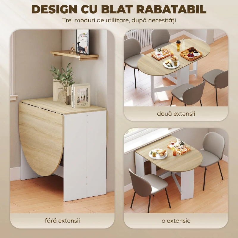 HOMCOM Masă Pliabil Con 2 Extensii Oval Economizor de Spațiu, Color Lemn