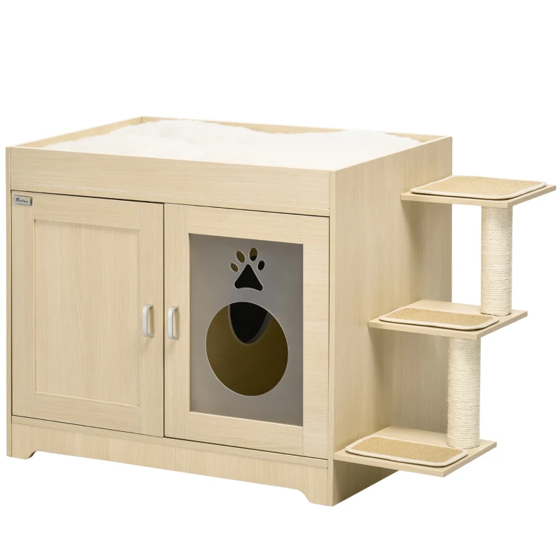 PawHut Mueble Arenero para Gatos con Cama Cojín Suave 3 Plataformas y Postes de Sisal 107x54x70 cm Roble