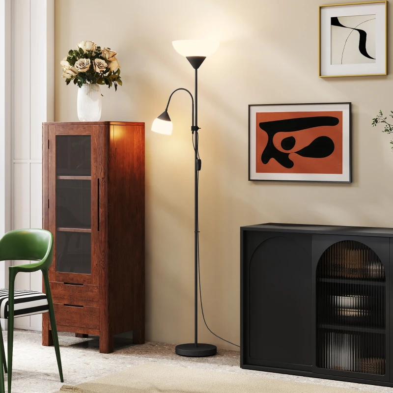 HOMCOM LED Floor Lamp for Living Room, 180cm Tall Standing Lamp, Mother and Child Uplighter with Adjustable Gooseneck, Black